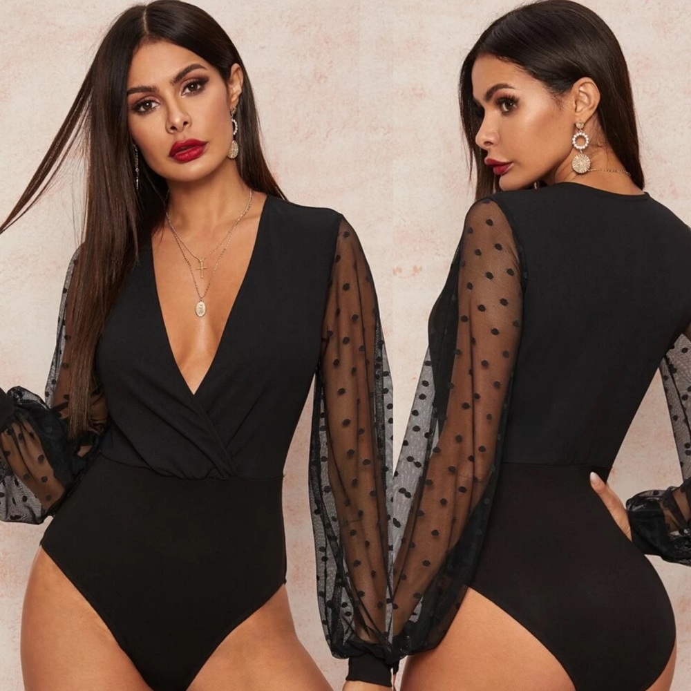 Black mesh sleeve bodysuit